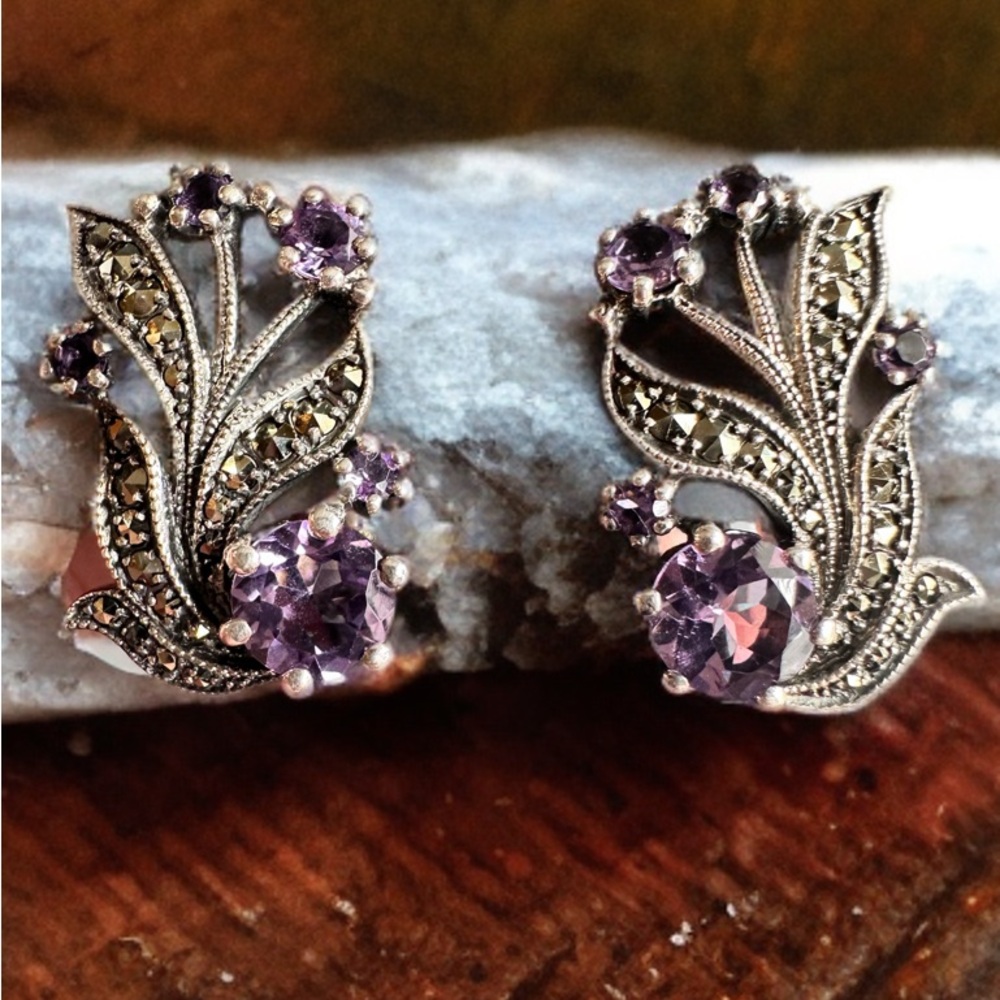 Whimsical Genuine Amethyst and 925  Silver Vintage Earrings(Not clip ons)